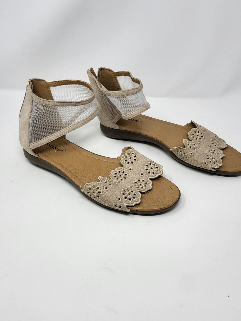 comfortview Beige Floral Cutout Ankle-Strap Flats